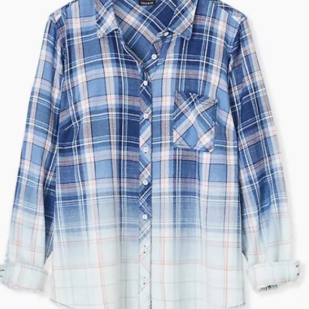 Torrid Blue & Pink Plaid Bleach Dip Button Front Shirt Size 2 (18 Plus)